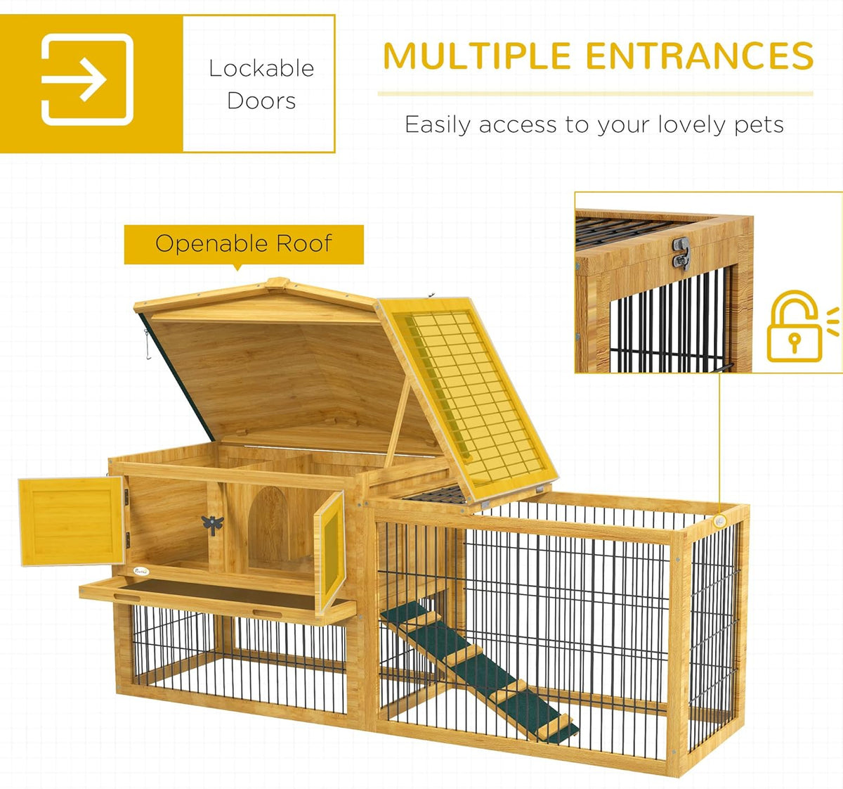 Yellow Wooden Rabbit Hutch with Removable Tray A4229