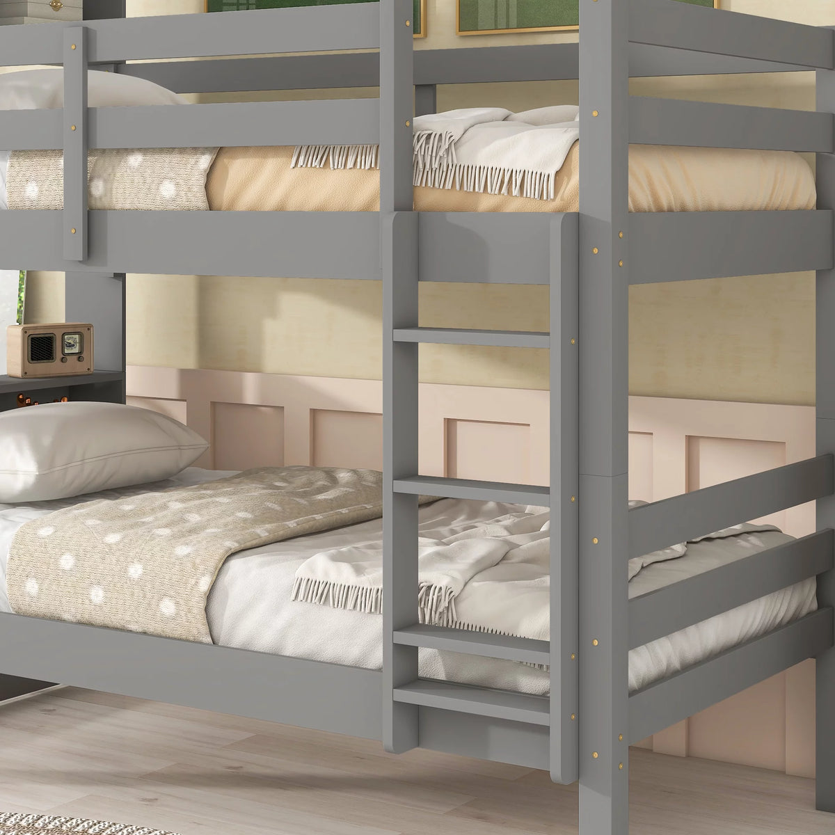 Twin over Twin Wood Bunk Bed with Storage Headboard R6344