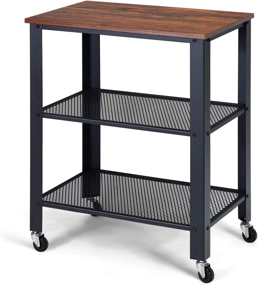 3-Tier Rolling Utility Cart with Metal Frame Wooden Table and Two Grid Storage Shelves M751497