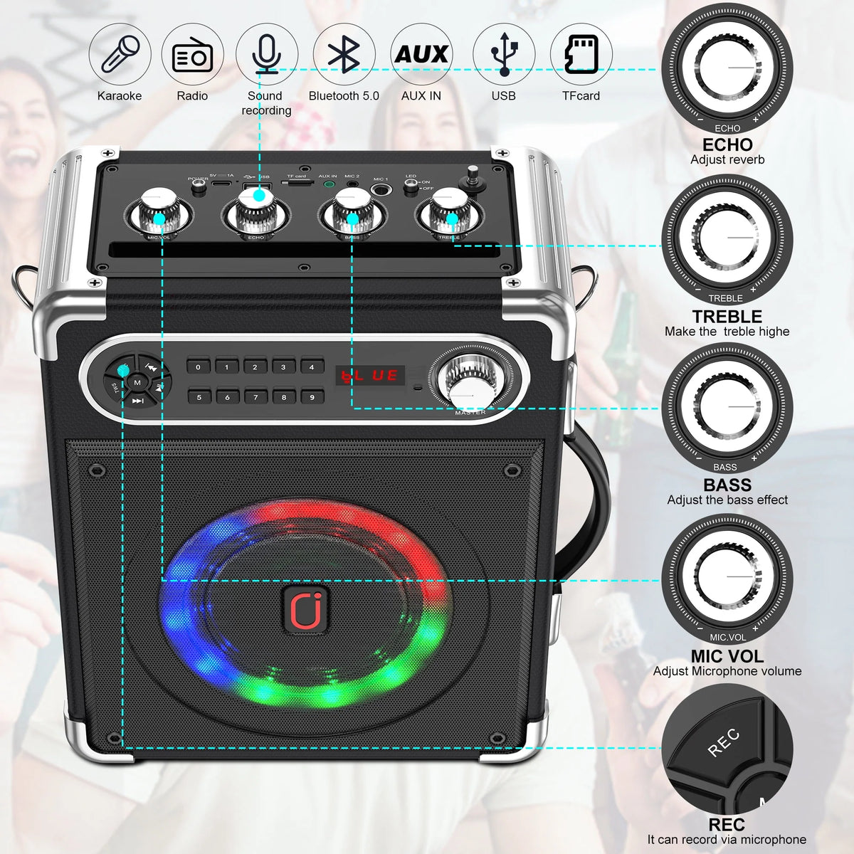 Karaoke Machine with 2 Wireless Microphones Bluetooth Speaker System W1084