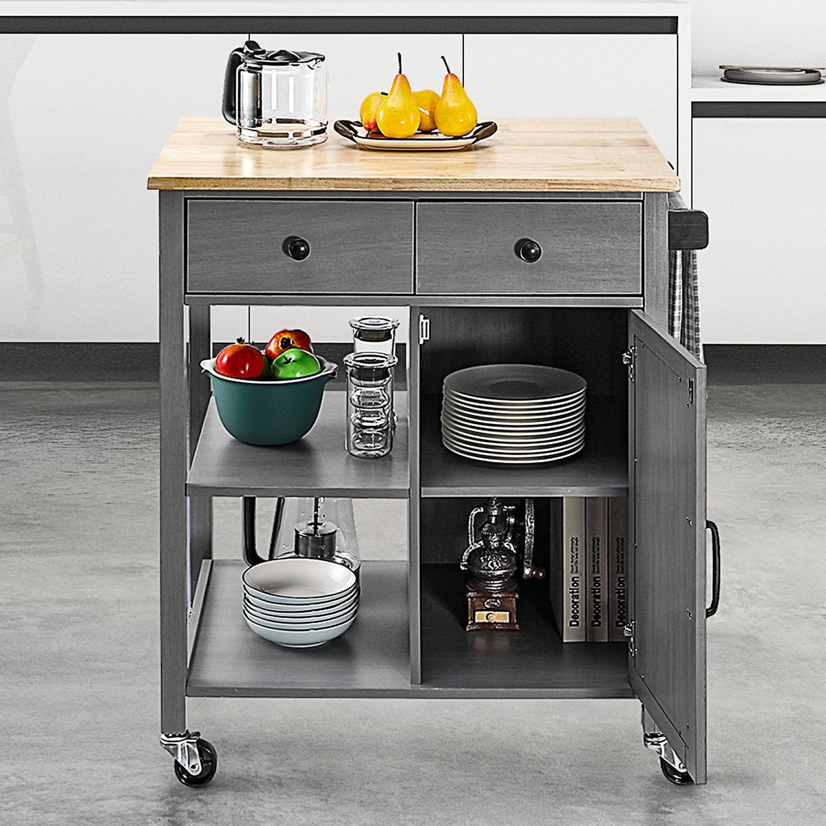 Gray Kitchen Cart with Wood Top A98046