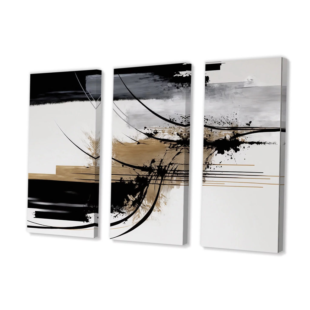 Black White Gold Geometric Canvas Art Print 3 Panels N61708