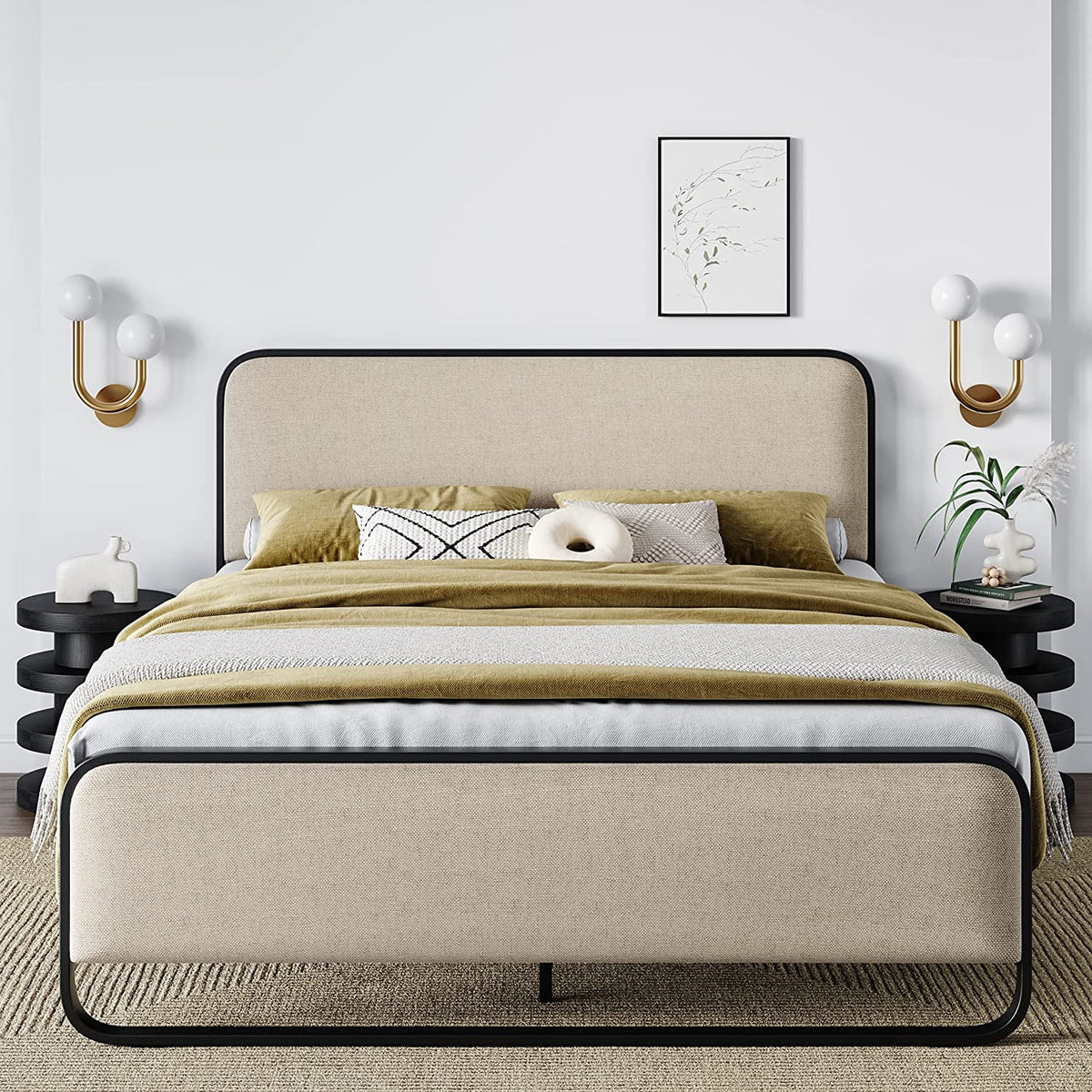 Queen Size Beige Metal Platform Bed Frame with Upholstered Headboard and Footboard Y22138