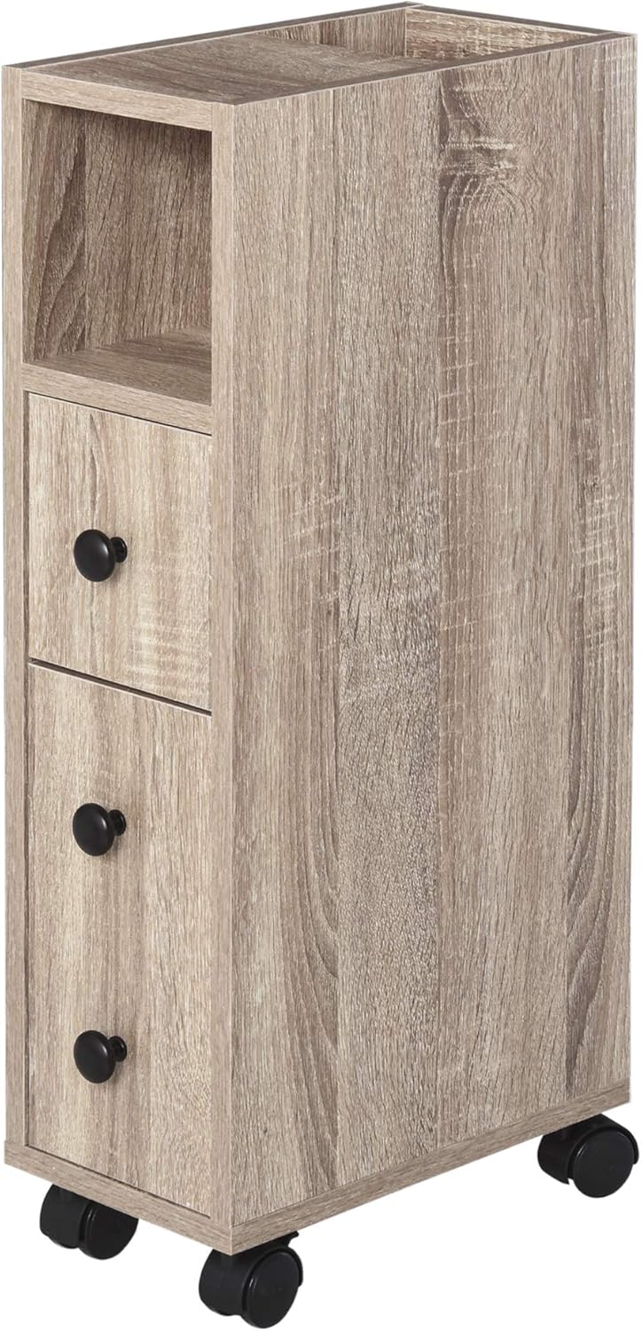 Oak Grain Freestanding Bathroom Cabinet with 2 Open Cabinets, 1 Door Cabinet, 1 Drawer and 4 Rolling Wheels W131