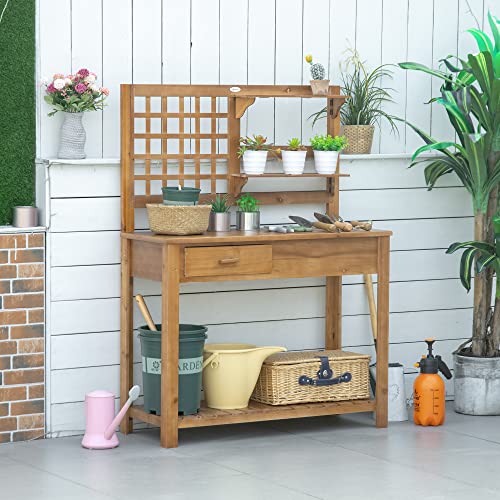 Brown Wooden Potting Bench Table with Shelves and Drawer E3282
