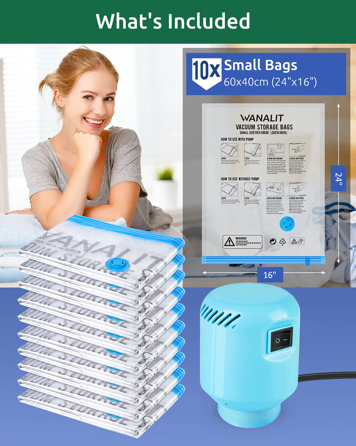 10 Pack Vacuum Storage Bags Small with Electric Air Pump Reusable Compression 24"x16" O656
