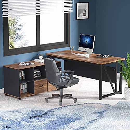 63 inches L-Shaped Computer Desk with File Cabinet and Drawers V3724