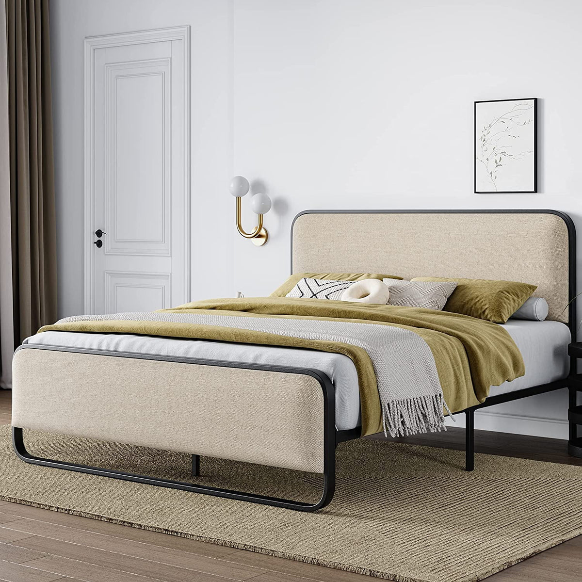 Queen Size Beige Metal Platform Bed Frame with Upholstered Headboard and Footboard Y22138