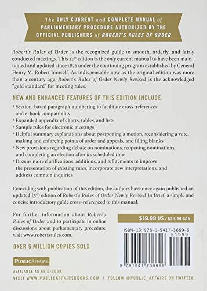 Robert's Rules of Order Newly Revised, 12th edition (Paperback) A477502