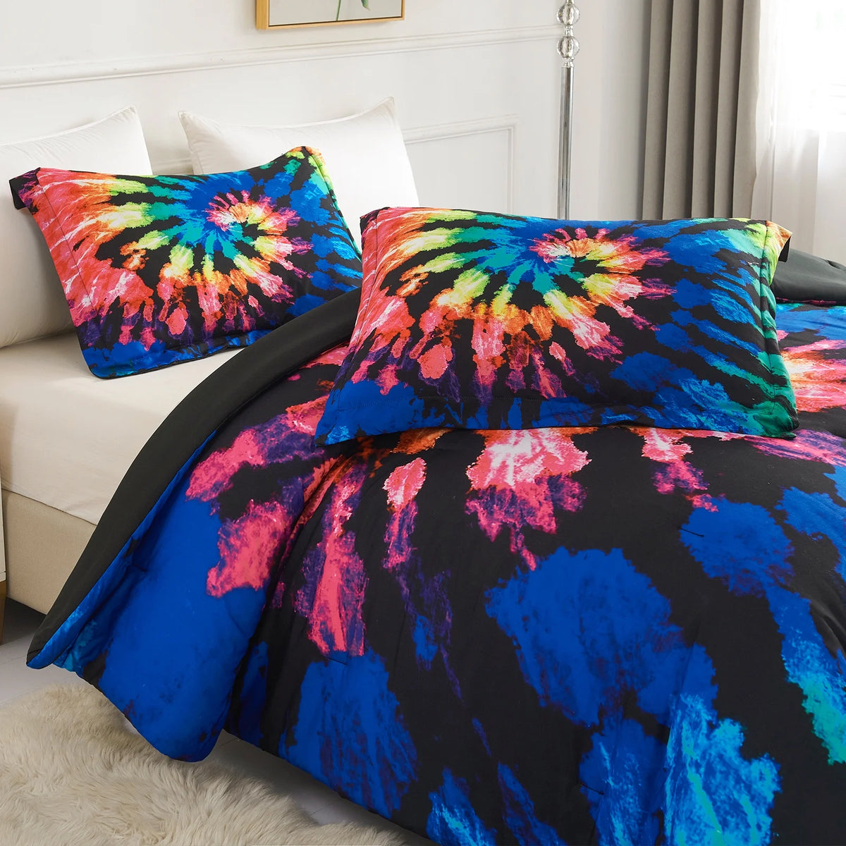 Tie Dye Reversible Comforter Set, Full/Queen Size, 3 Pieces, Blue Black Purple H5093