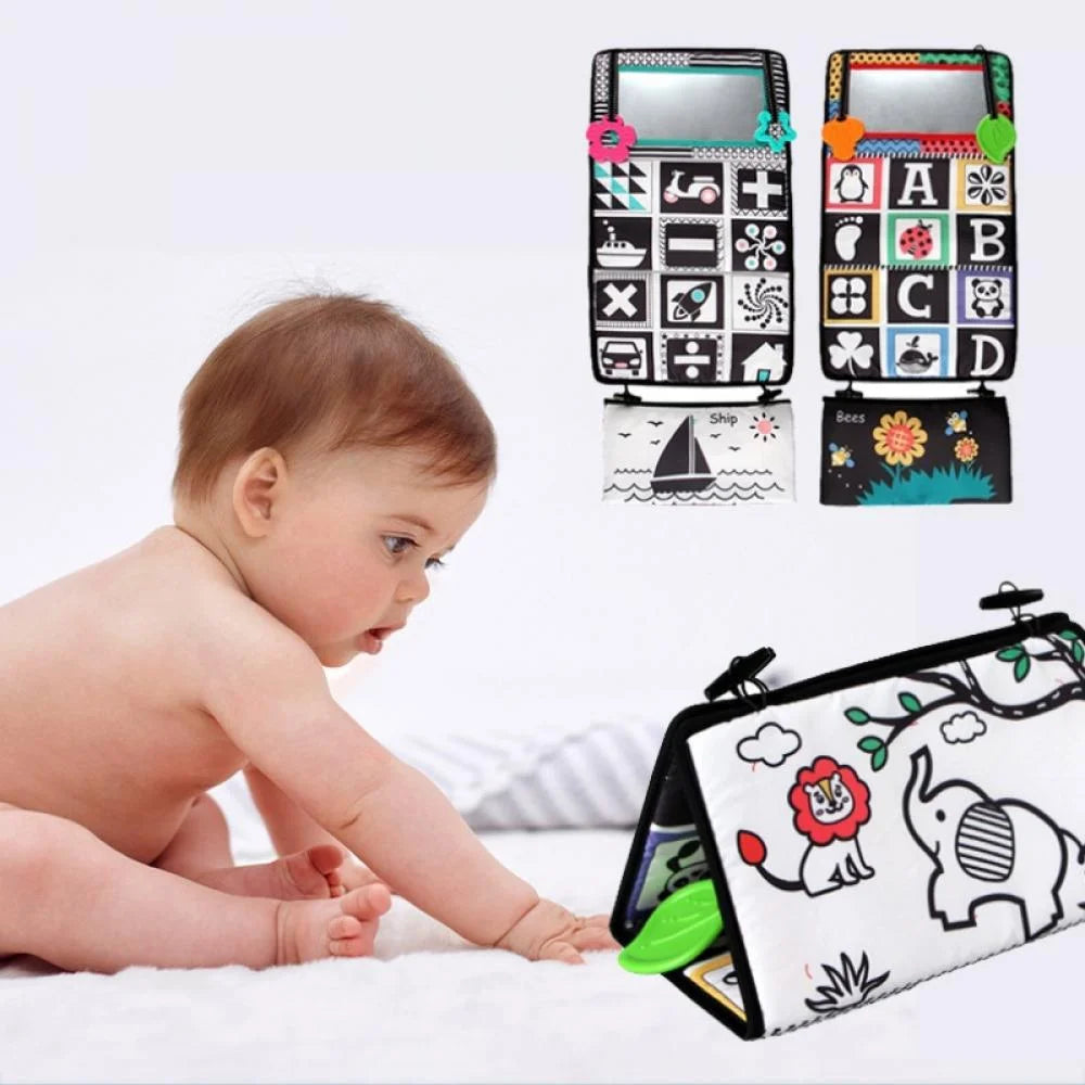 Tummy Time Floor Mirror with Crinkle Cloth Book and Teethers, High Contrast Black and White Baby Toys, Montessori Sensory Crawling Toy X5220