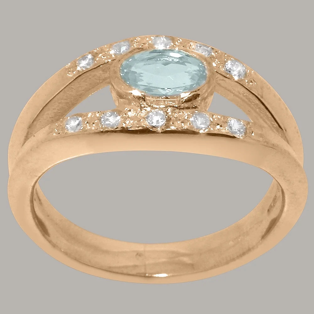 18k Rose Gold Natural Aquamarine & Diamond Womens Band Ring B949