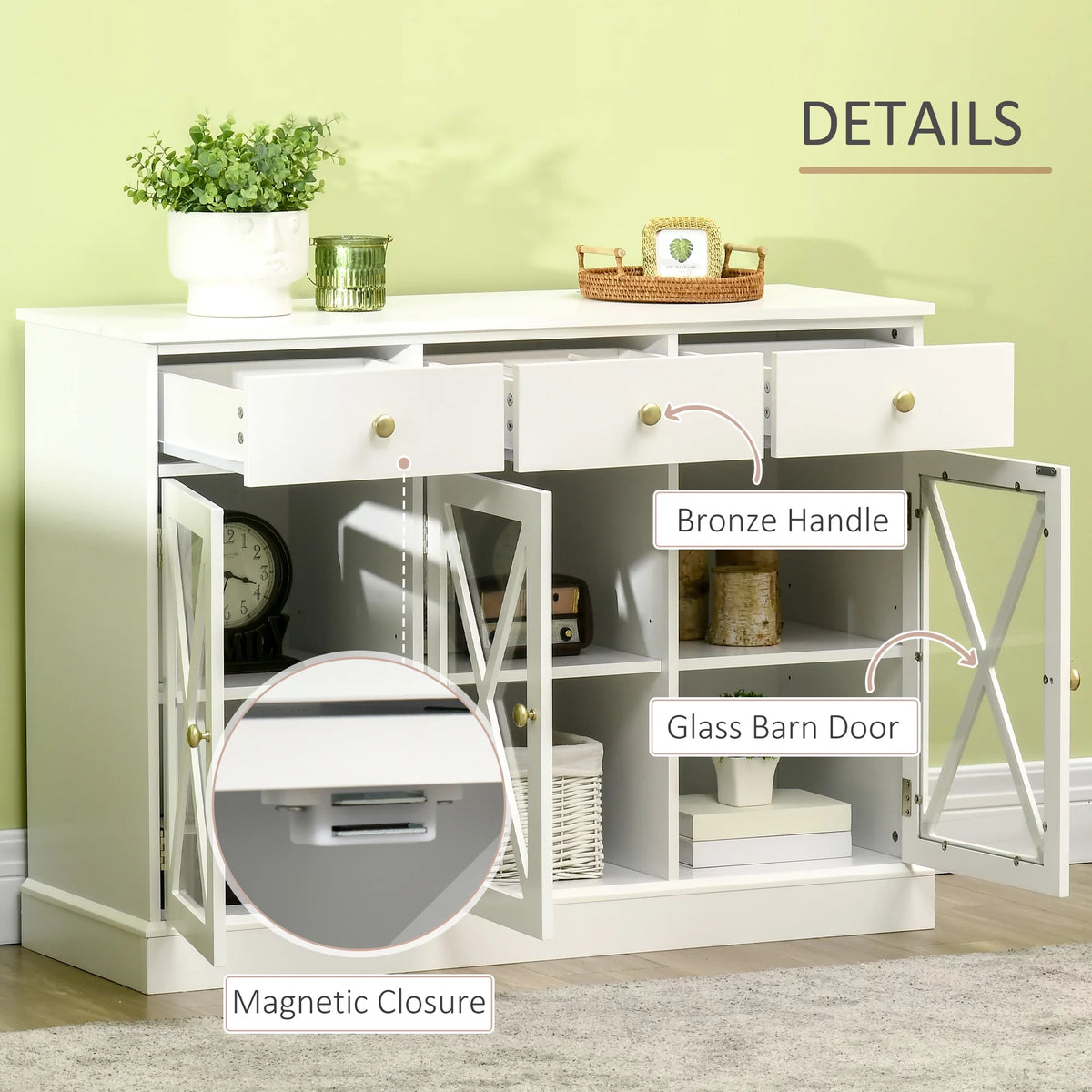 White Sideboard Buffet Cabinet with Glass Doors and 3 Drawers L79230
