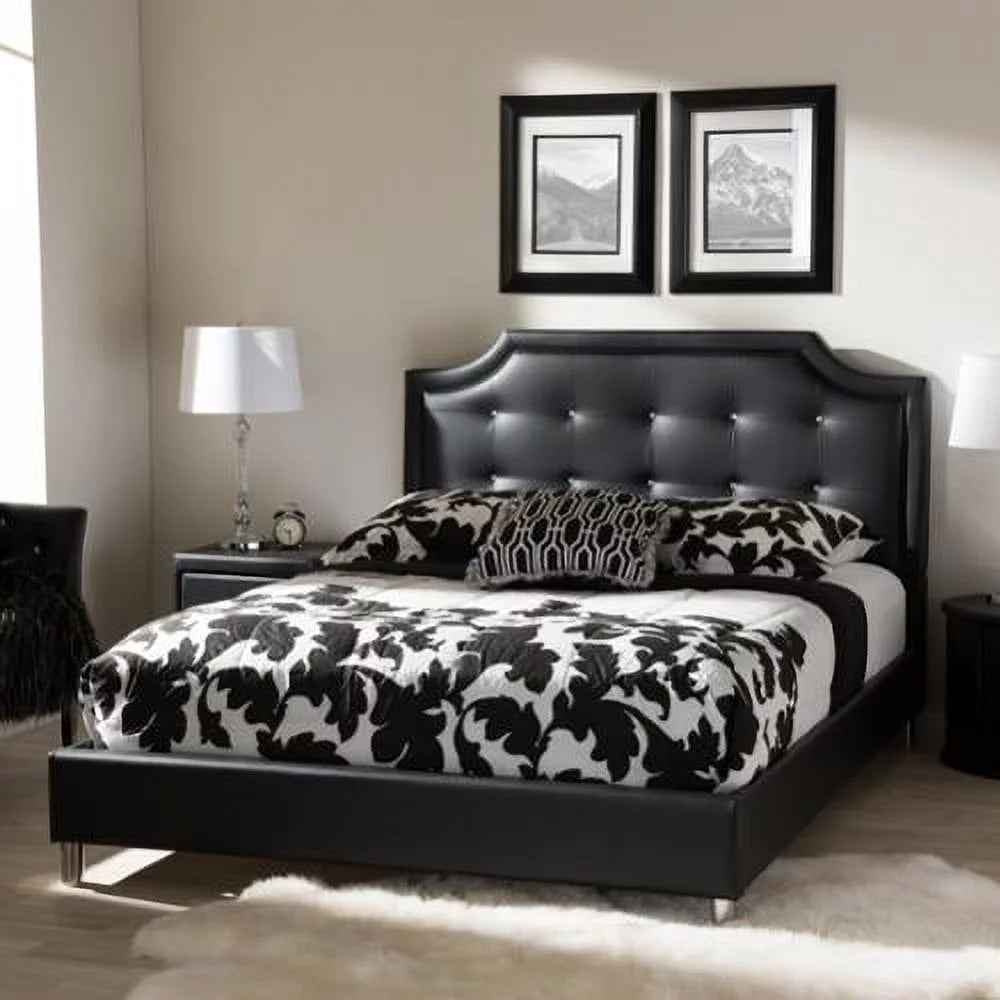 Black Faux Leather Queen Platform Bed with Upholstered Headboard V602