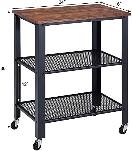 3-Tier Rolling Utility Cart with Metal Frame Wooden Table and Two Grid Storage Shelves M751497
