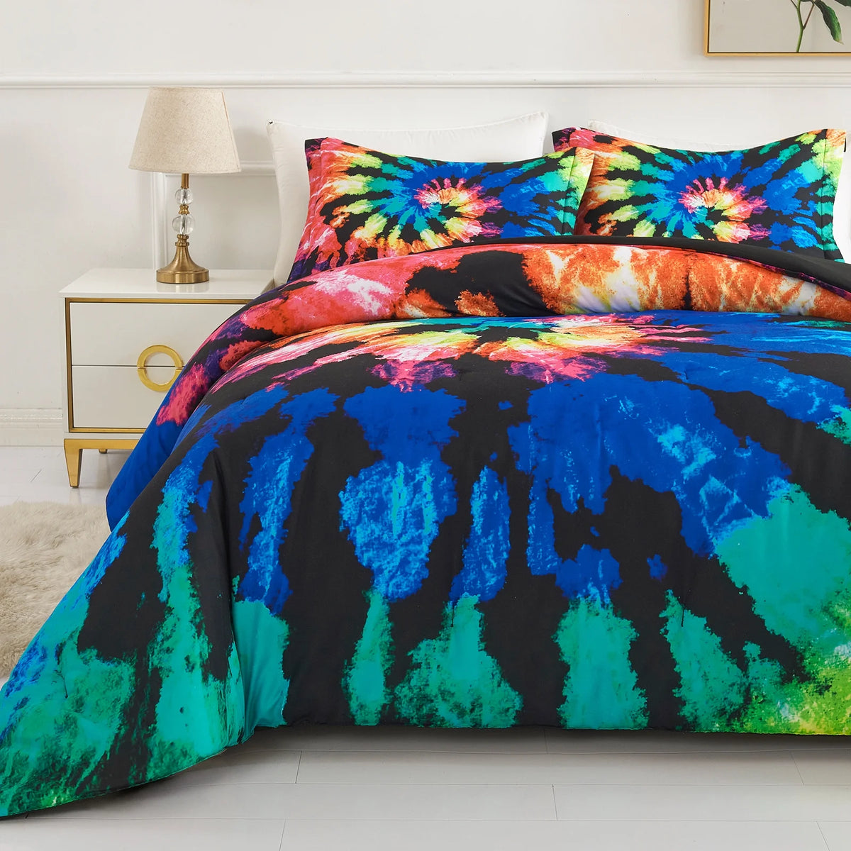 Tie Dye Reversible Comforter Set, Full/Queen Size, 3 Pieces, Blue Black Purple H5093