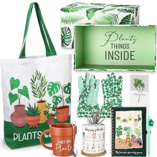 8 Pcs Plant Gift Box with Mug, Tote Bag, Plant Pot, Gardening Gloves S1981