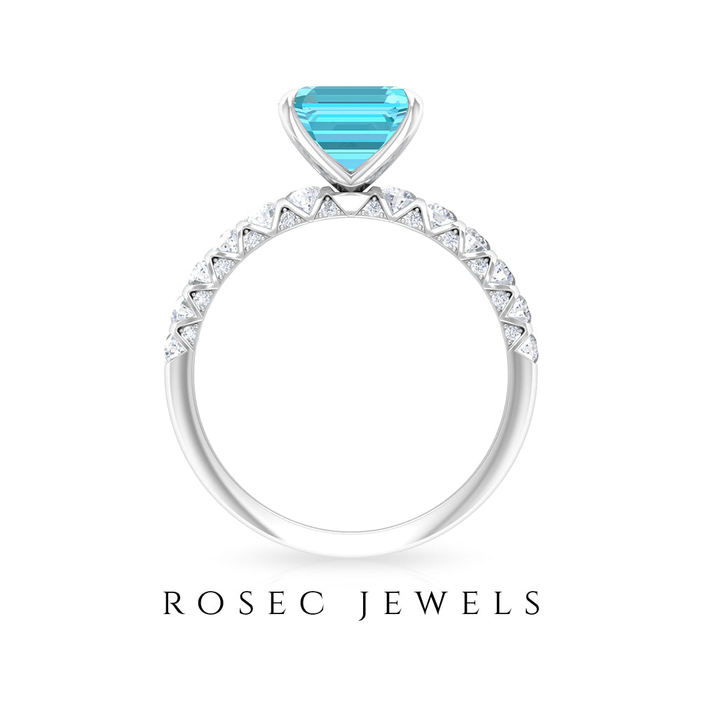 3.75 CT Swiss Blue Topaz Solitaire Ring with Diamond Side Stones, 925 Sterling Silver, US 4.00 S9406