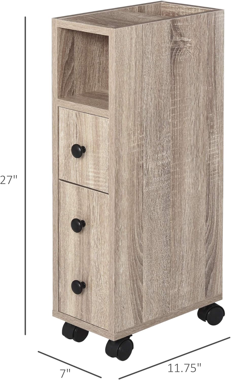 Oak Grain Freestanding Bathroom Cabinet with 2 Open Cabinets, 1 Door Cabinet, 1 Drawer and 4 Rolling Wheels W131