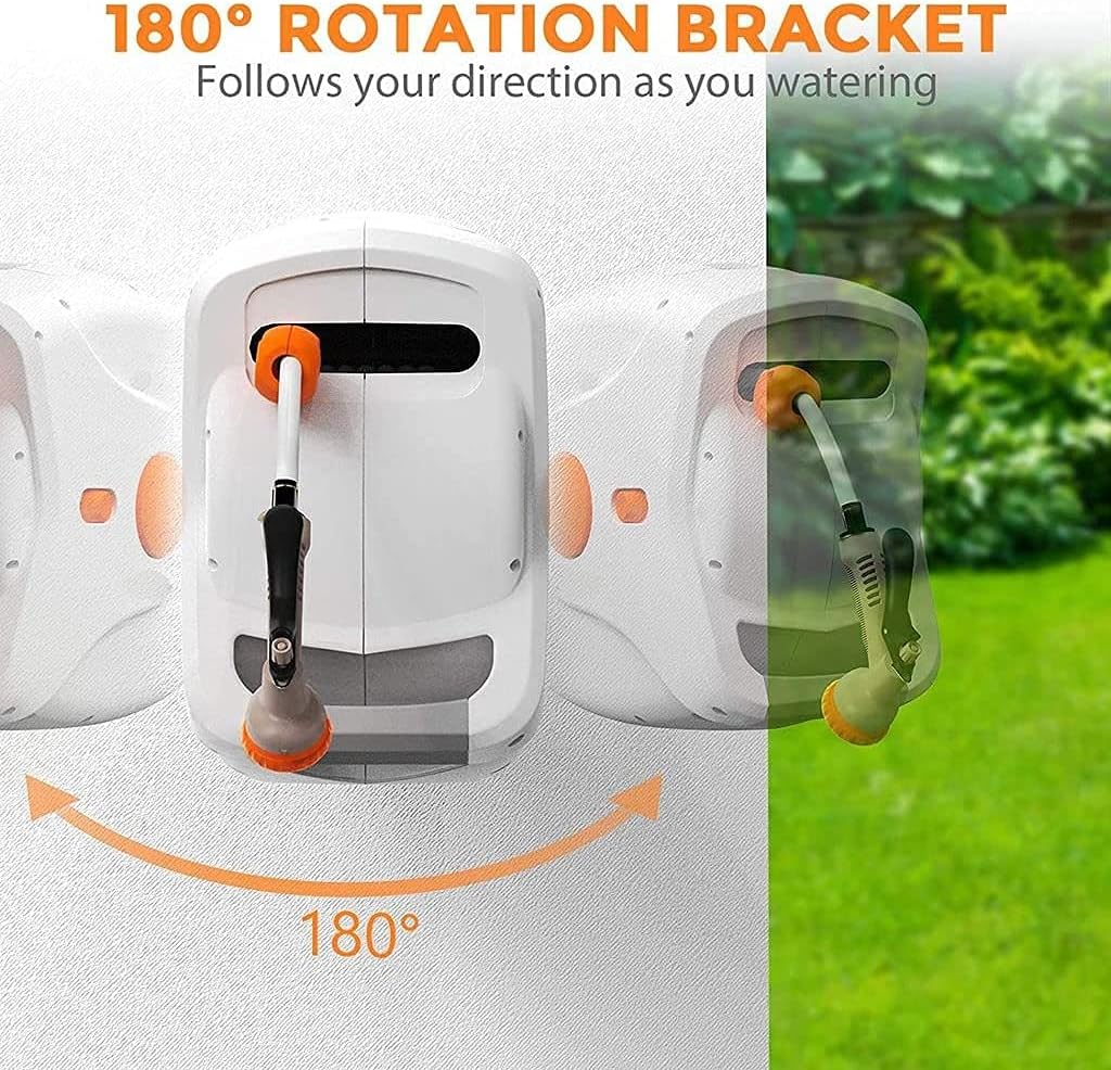 Wall Mount Retractable Garden Hose Reel, 82 FT 5/8 Inch, 8 Patterns Nozzles, Brass Connector T3931