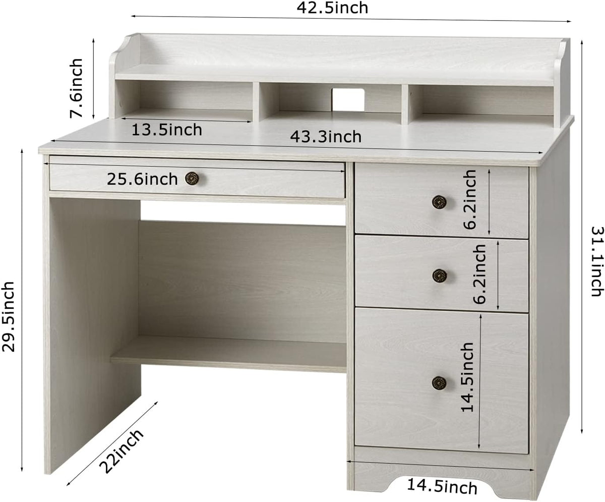 Oak White Computer Desk with 4 Drawers and Hutch Shelf Y5990