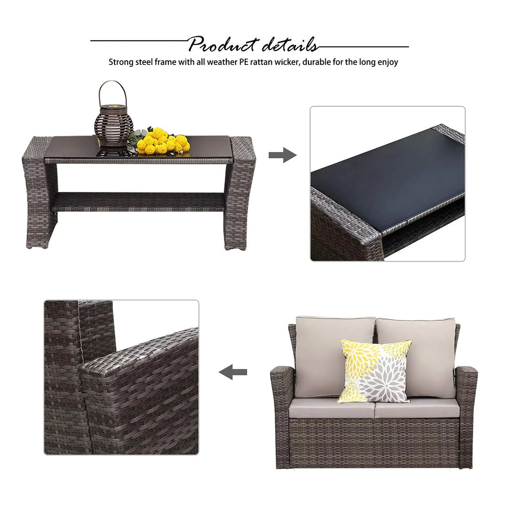 4 Pcs Brown Wicker Patio Conversation Sofa Set with Coffee Table X514