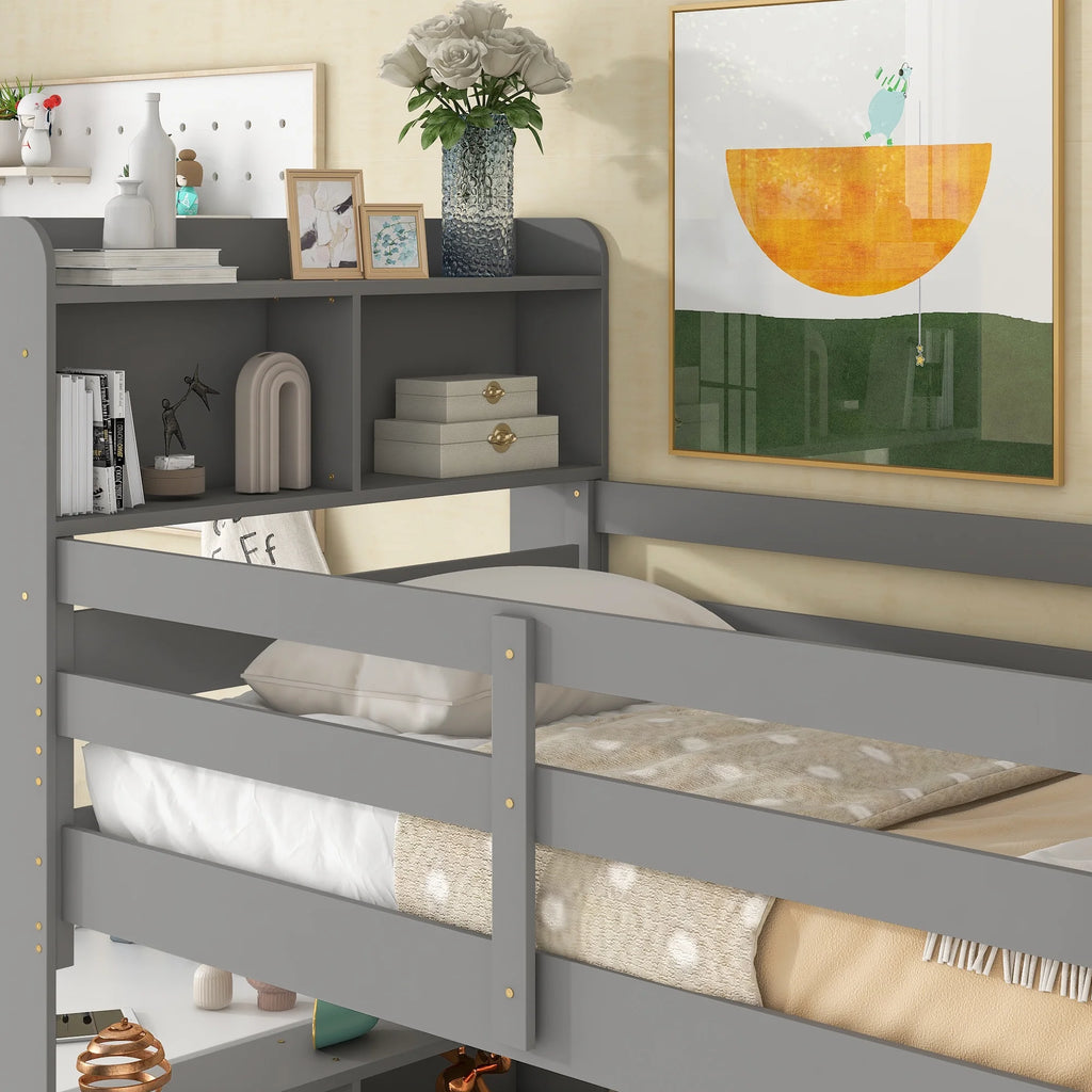 Twin over Twin Wood Bunk Bed with Storage Headboard R6344