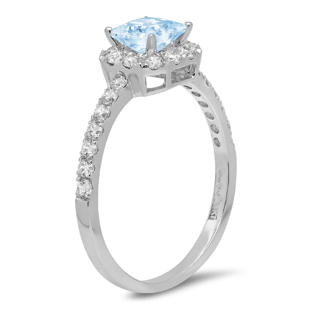 Princess Cut Natural Sky Blue Topaz 18k White Gold Halo Ring Size 7.25 G508