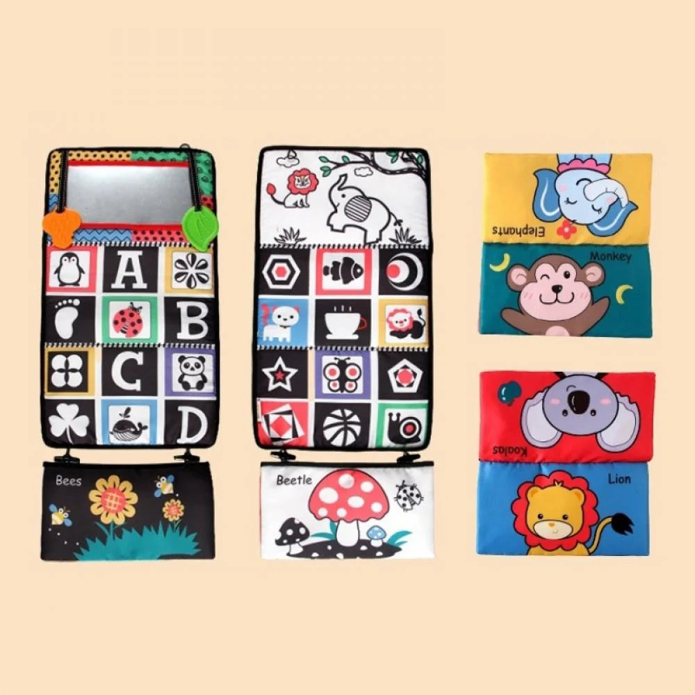 Tummy Time Floor Mirror with Crinkle Cloth Book and Teethers, High Contrast Black and White Baby Toys, Montessori Sensory Crawling Toy X5220