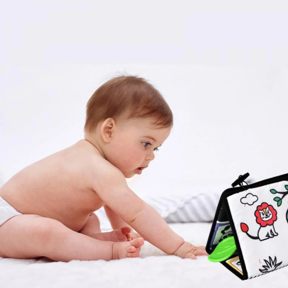 Tummy Time Floor Mirror with Crinkle Cloth Book and Teethers, High Contrast Black and White Baby Toys, Montessori Sensory Crawling Toy X5220