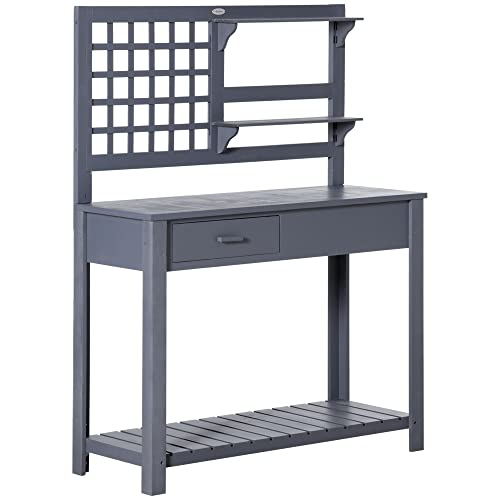 Brown Wooden Potting Bench Table with Shelves and Drawer E3282