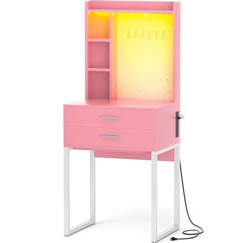 Pink Vanity Desk with Hutch and Drawers and LED Lights N646500