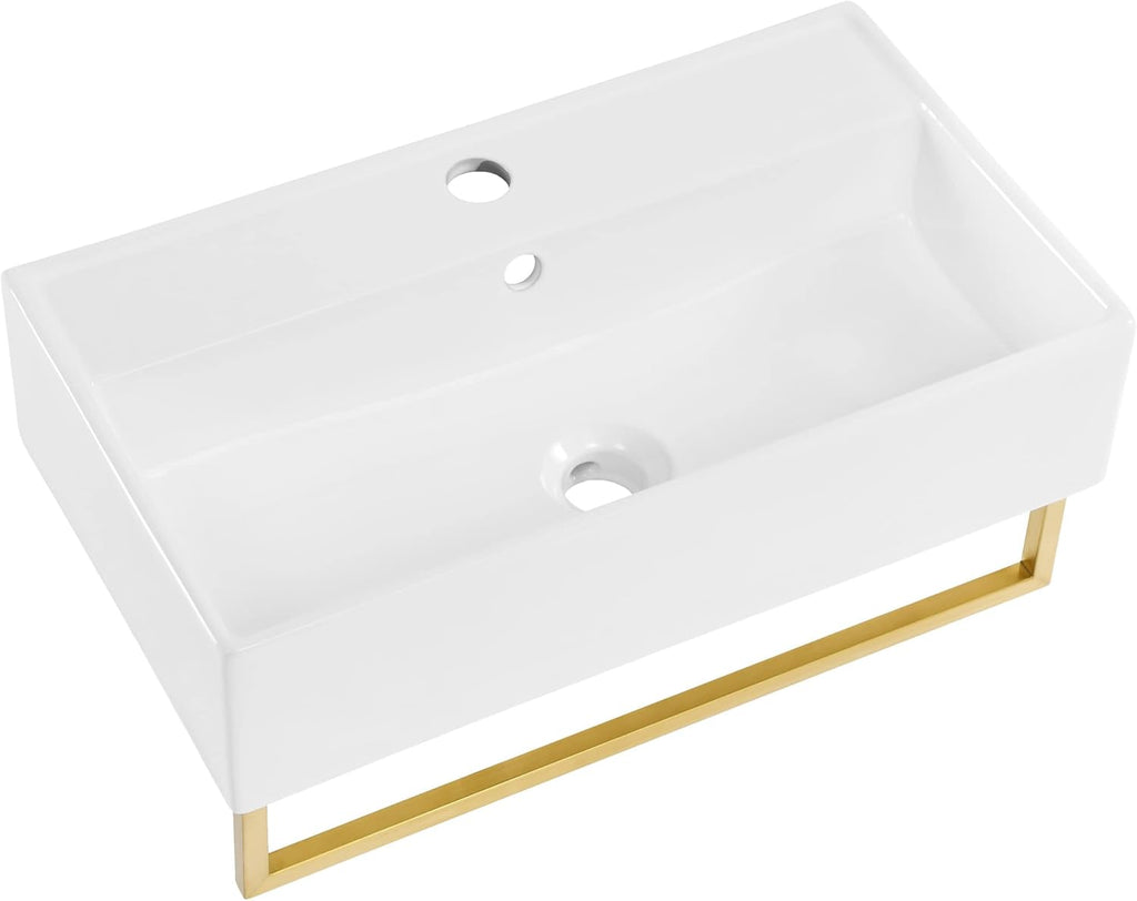 22" Wall-Mount Bathroom Sink with Brushed Gold Towel Bar C394