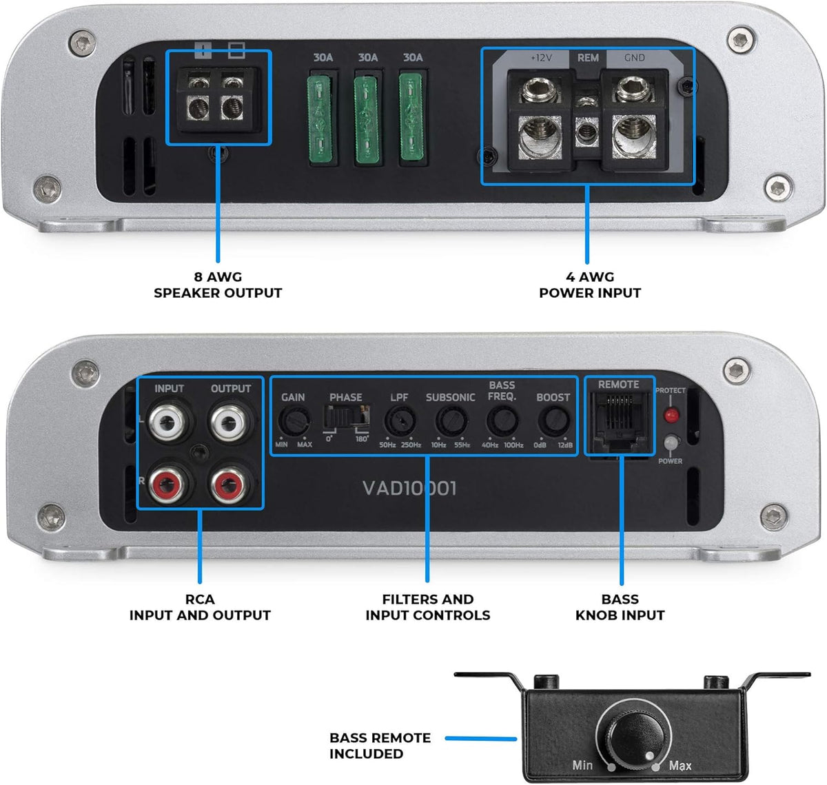 1000W RMS Class D Monoblock Amplifier with Bass Remote D86053