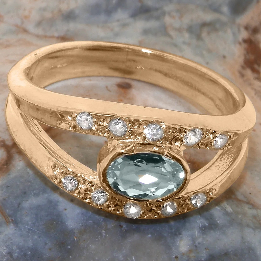 18k Rose Gold Natural Aquamarine & Diamond Womens Band Ring B949
