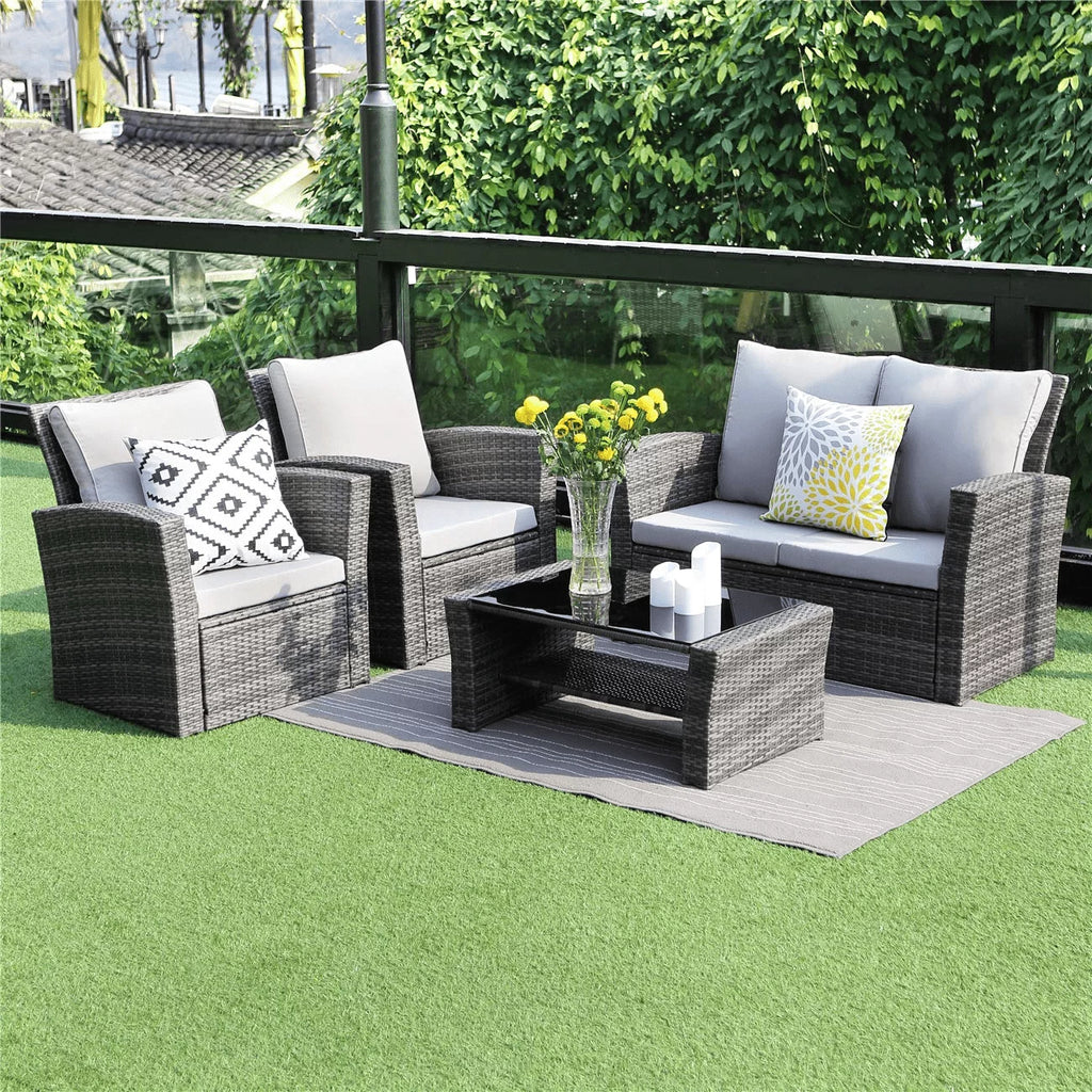 4 Pcs Brown Wicker Patio Conversation Sofa Set with Coffee Table X514