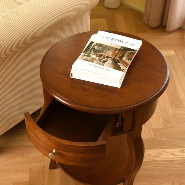 Brown Round End Table with Drawer Storage N530