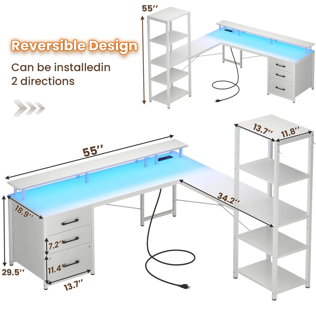 White L Shaped Computer Desk with Power Outlet and LED Lights V6125