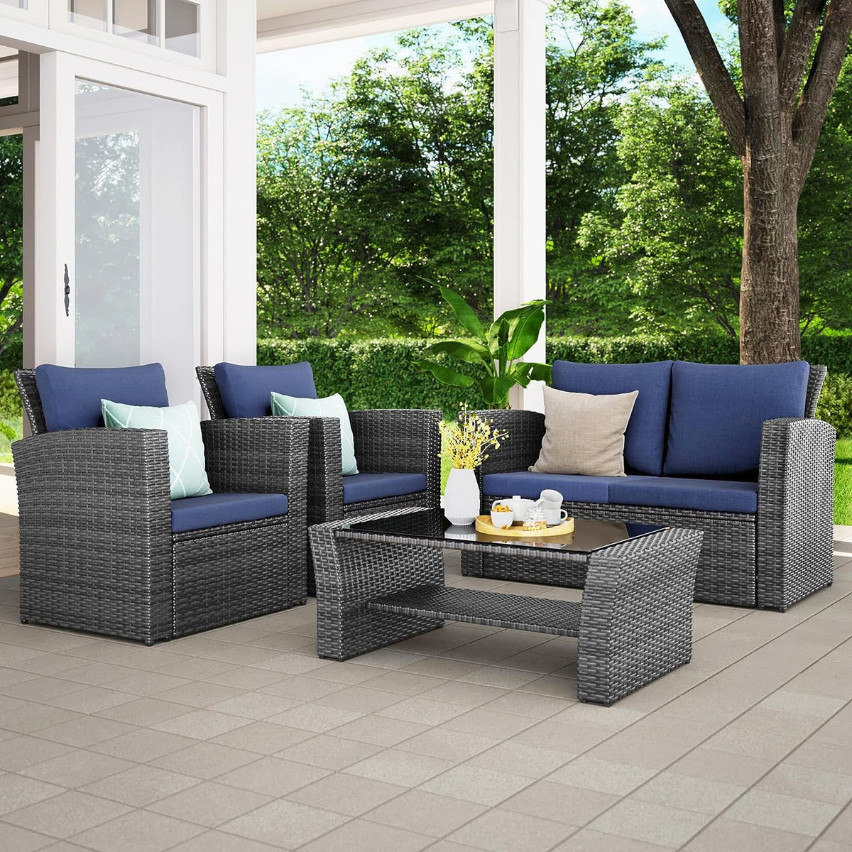 4 Pcs Brown Wicker Patio Conversation Sofa Set with Coffee Table X514