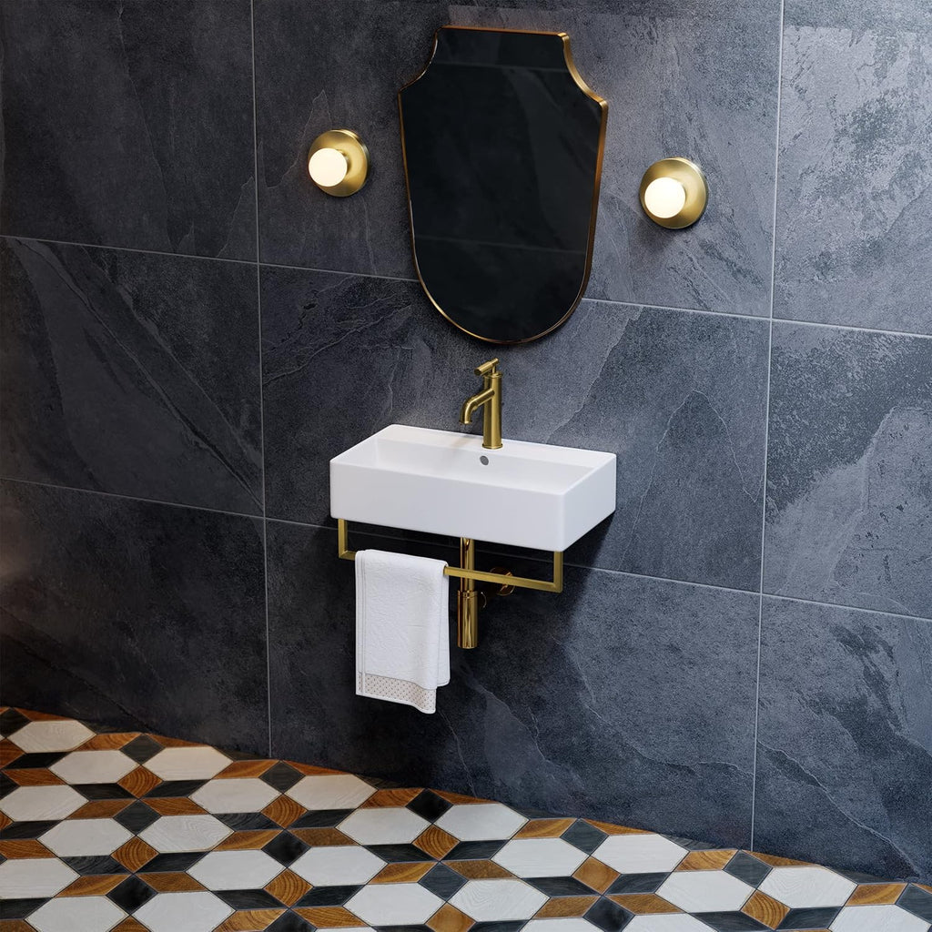 22" Wall-Mount Bathroom Sink with Brushed Gold Towel Bar C394