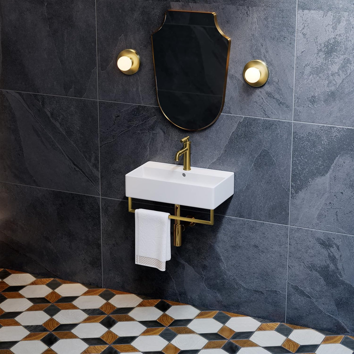 22" Wall-Mount Bathroom Sink with Brushed Gold Towel Bar C394