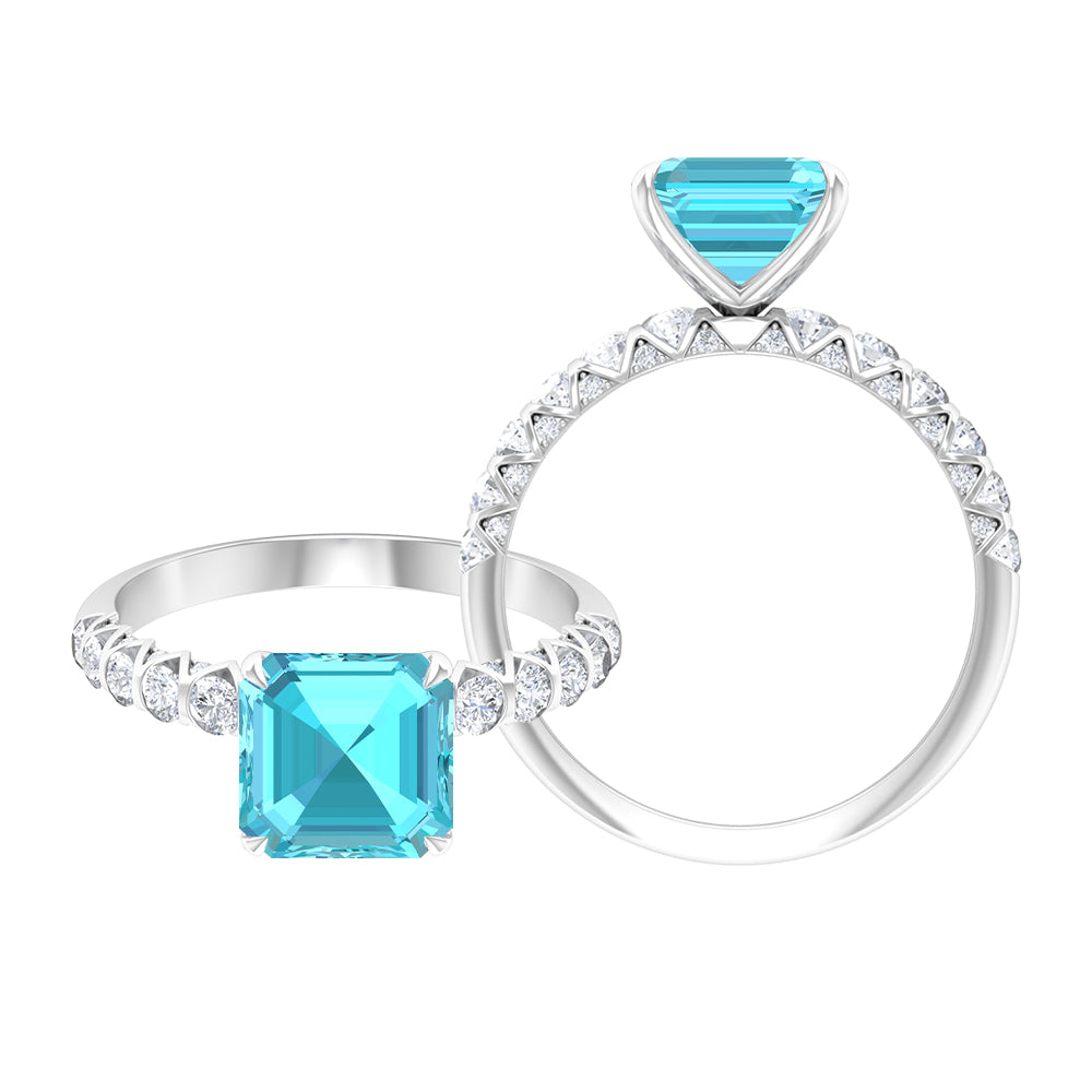 3.75 CT Swiss Blue Topaz Solitaire Ring with Diamond Side Stones, 925 Sterling Silver, US 4.00 S9406