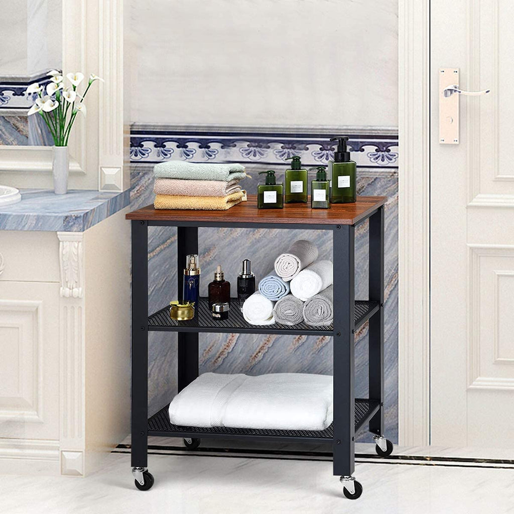 3-Tier Rolling Utility Cart with Metal Frame Wooden Table and Two Grid Storage Shelves M751497