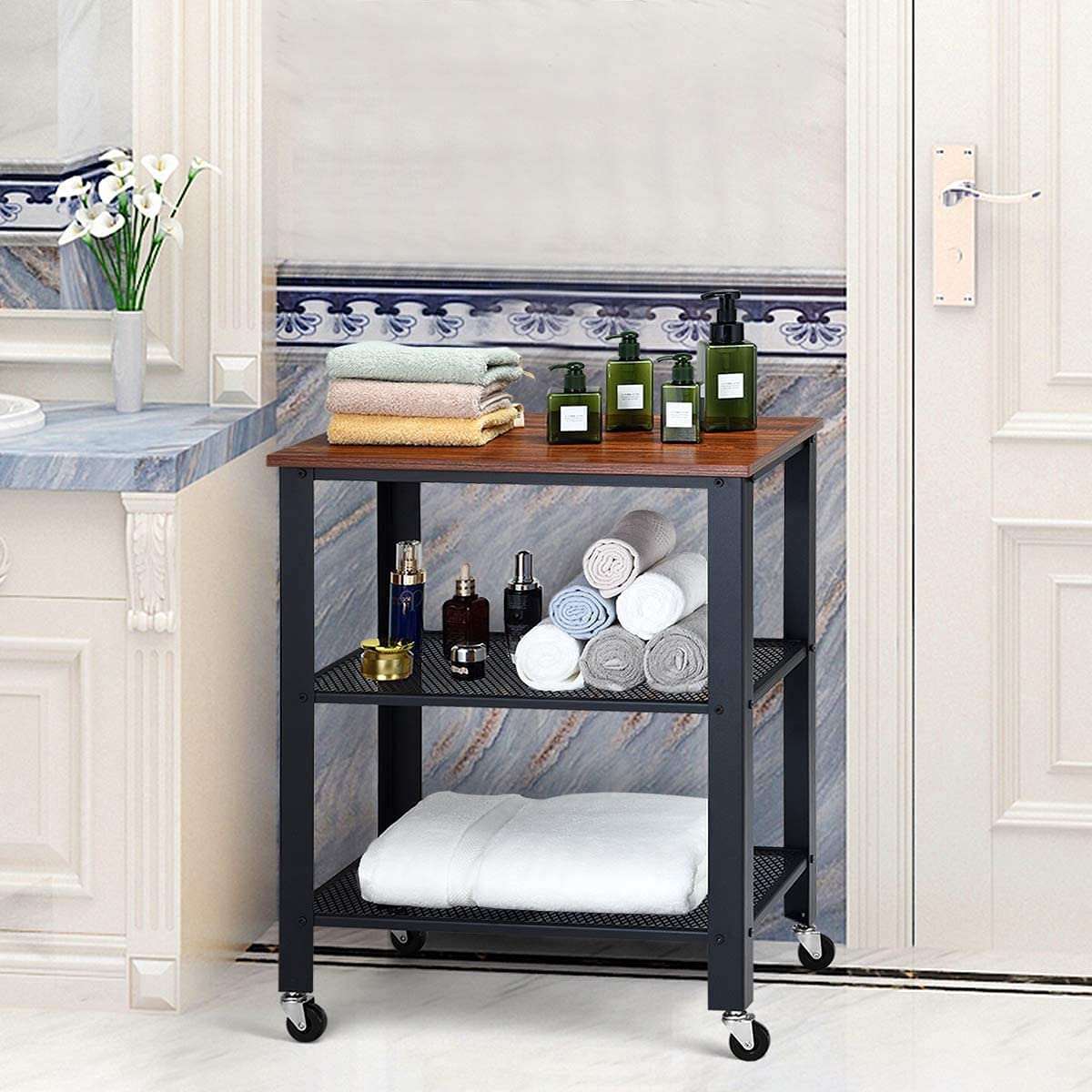 3-Tier Rolling Utility Cart with Metal Frame Wooden Table and Two Grid Storage Shelves M751497