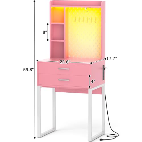 Pink Vanity Desk with Hutch and Drawers and LED Lights N646500