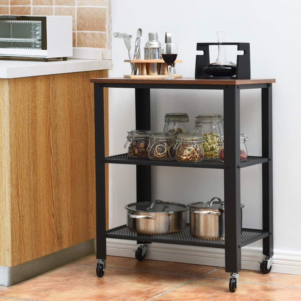 3-Tier Rolling Utility Cart with Metal Frame Wooden Table and Two Grid Storage Shelves M751497