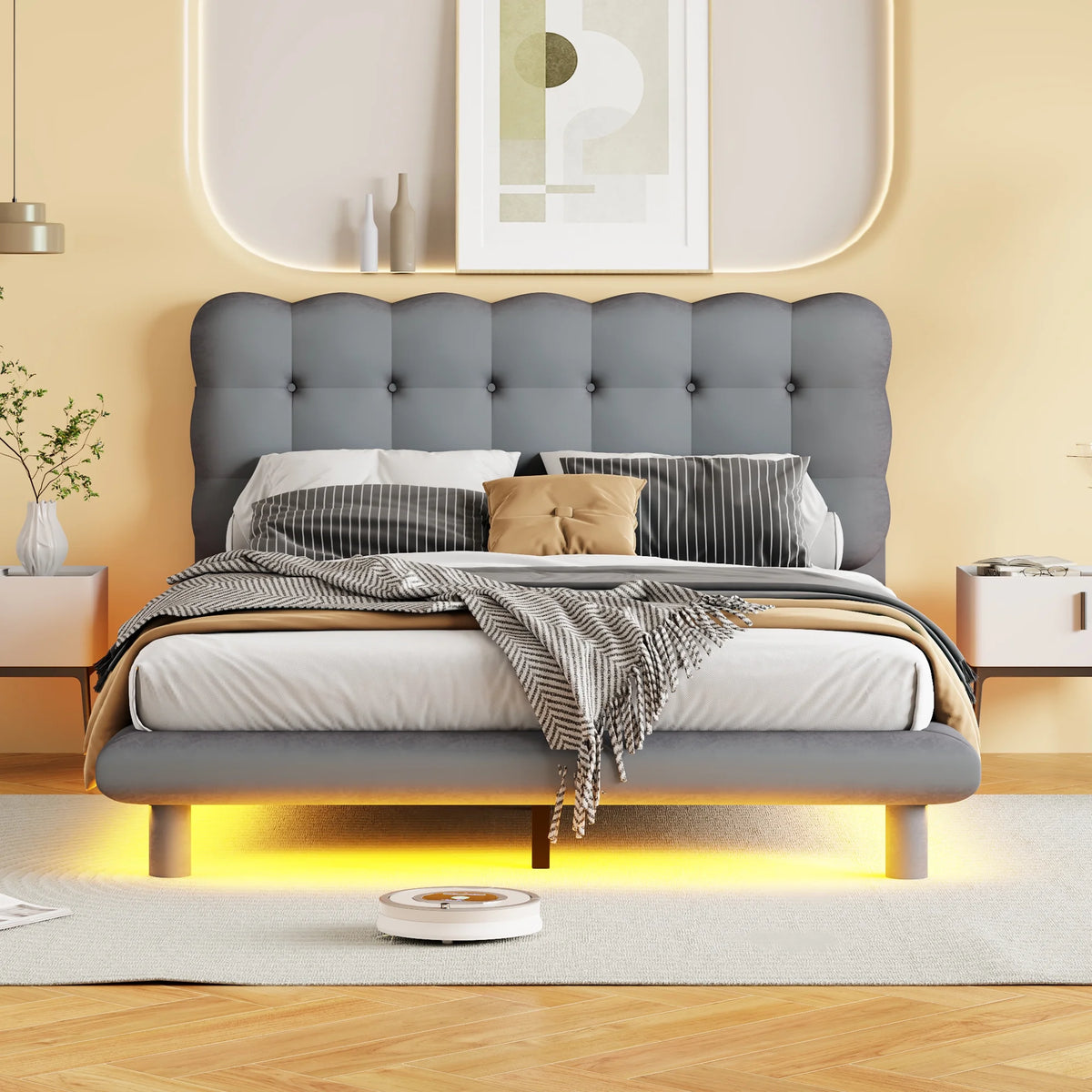 Full Velvet Upholstered Platform Bed with LED Lights L402