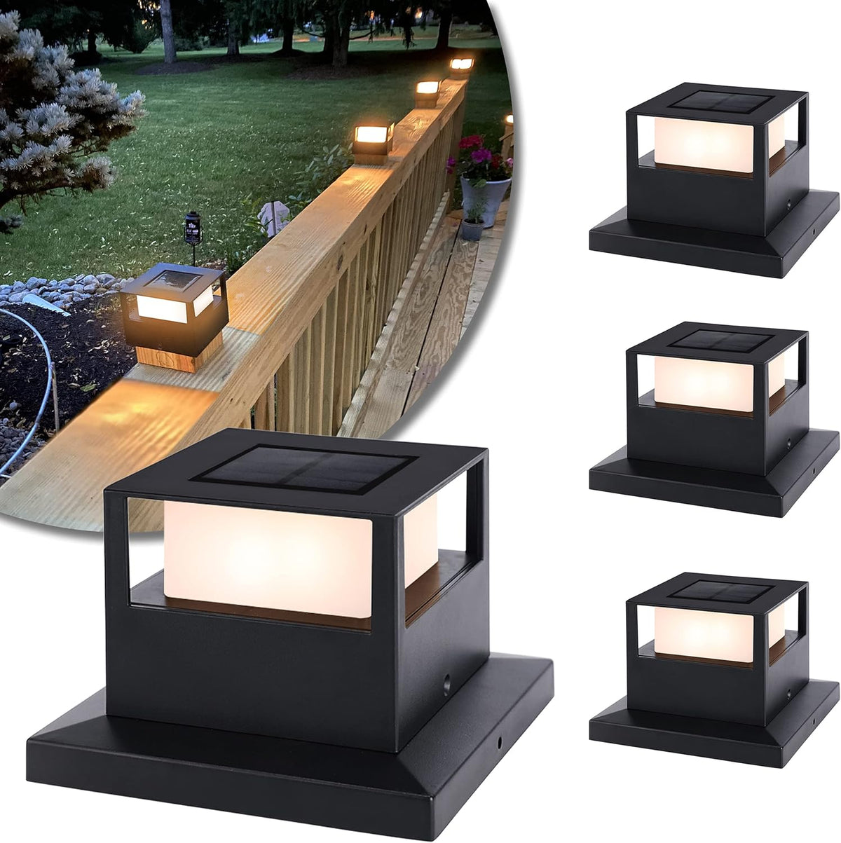 4 Pack Solar Post Cap Lights for Fence Deck Patio, Waterproof, Fits 4x4 5x5 6x6 Wooden Posts Q42891