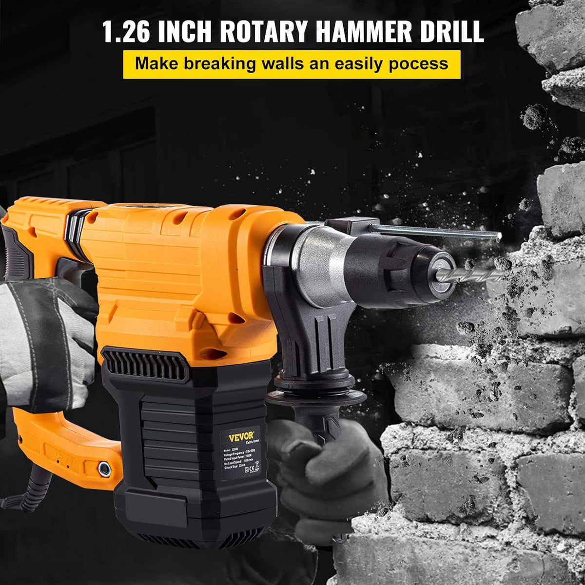 1500W SDS-Plus Rotary Hammer with Chisels, Drill Bits and Case X753