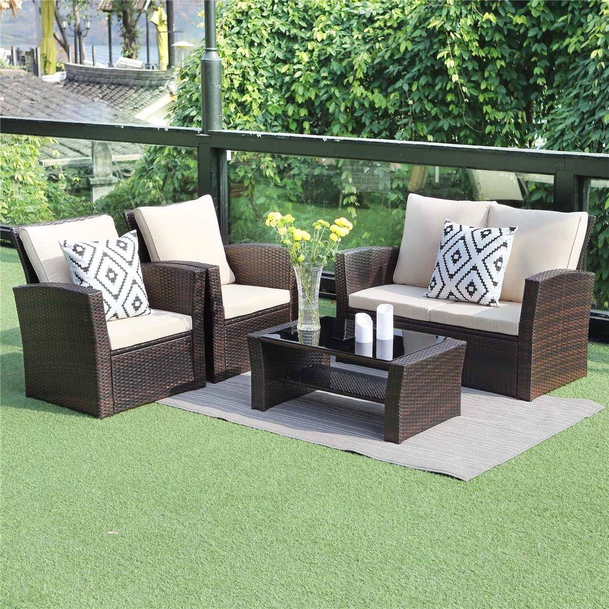 4 Pcs Brown Wicker Patio Conversation Sofa Set with Coffee Table X514